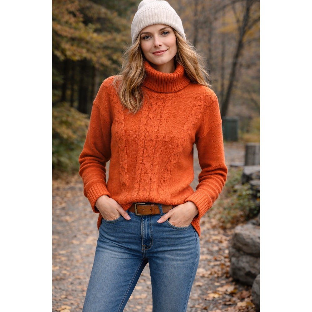 LL Bean Orange‎ Cotton Cable Knit Turtleneck Sweater Womens Medium